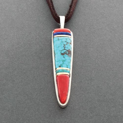 Charles Loloma Pendant of Coral and Turquoise Silver