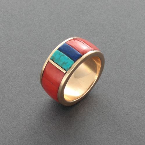 Charles Loloma Inlay Ring of 14kt Gold and Coral