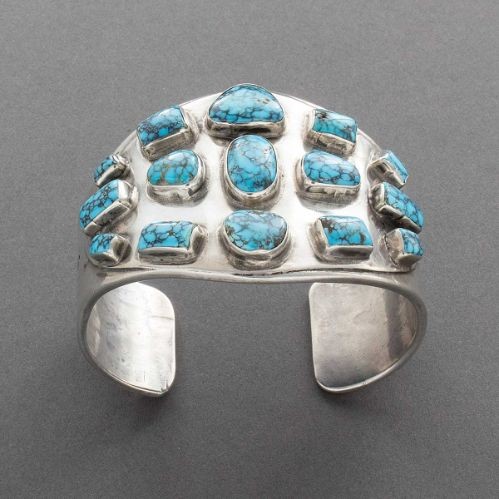 Wide Silver Ingot Bracelet with #8 Turquoise