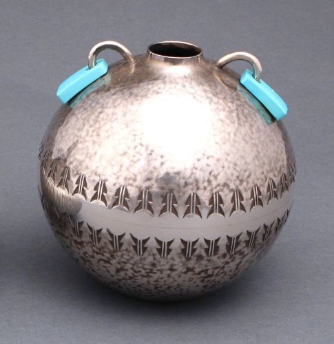 Norbert Peshlakai Silver Jar With Turquoise