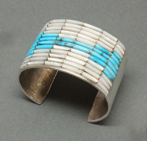 Zuni Channel Inlay Bracelet of Turquoise and Mother of Pearl