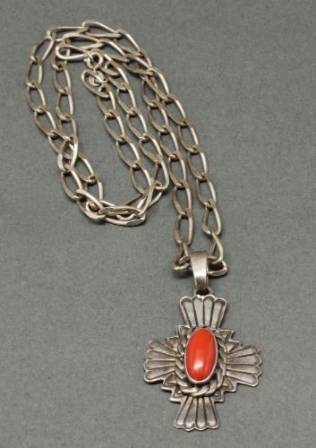 Navajo Silver and Coral Cross Necklace 