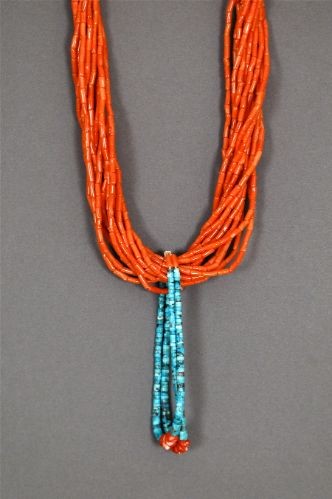 Eleven Strand Coral Necklace with Turquoise Jaclas - Four Winds