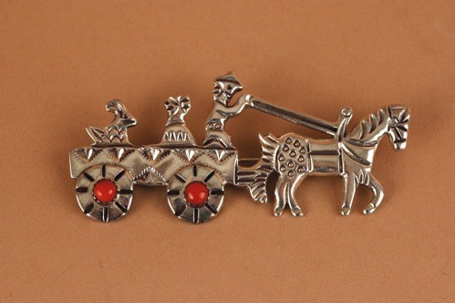 Silver Cart and Passenger Pin With Coral