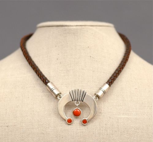 Leroy Begay Necklace Coral and Silver Naja