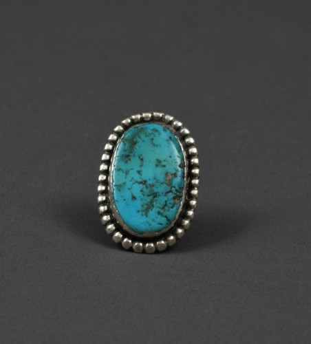Old Natural Turquoise Ring With Silver Beads