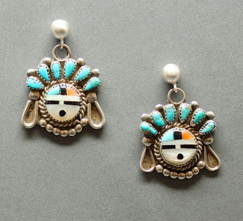 Zuni Inlay Maiden Face Dangle Earrings