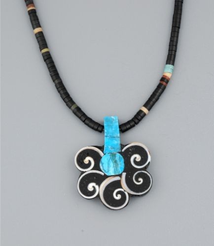 Mary Tafoya Flower Pendant on Jet Beads