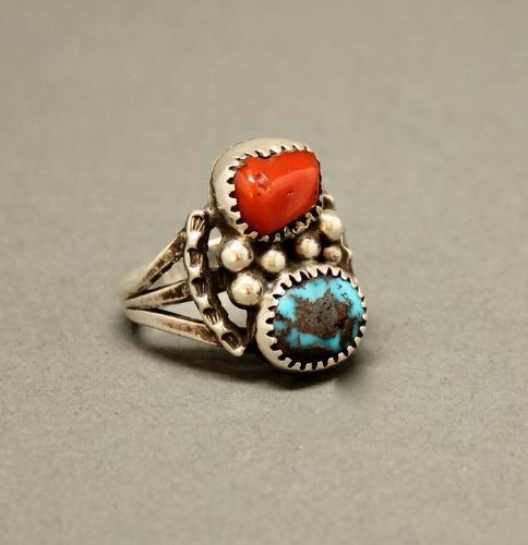 Ring with Coral and Bisbee Turquoise