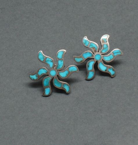 Zuni Star Swirl Earrings of Inlay Turquoise