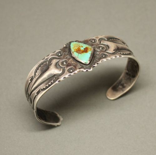 Historic Bracelet with Repousse Stamping and Turquoise