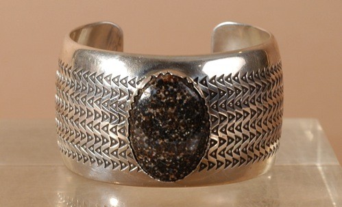 Norbert Peshlakai Wide Silver Cuff With Agate Stone