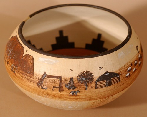 Ida Sahmie Pottery Bowl With Navajo Scene