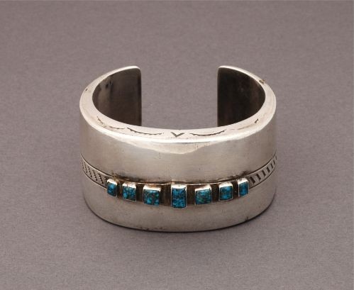 Silver Hollow Form Bracelet With Turquoise