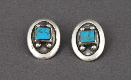 Oval Silver Earrings with Turquoise Squares