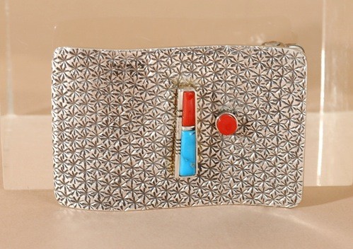 Norbert Peshlakai Silver Buckle with Turquoise And Coral Accents
