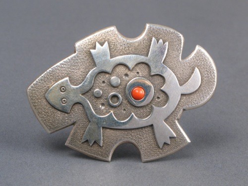 Norbert Peshlakai Silver Turtle Pin With Coral Accents