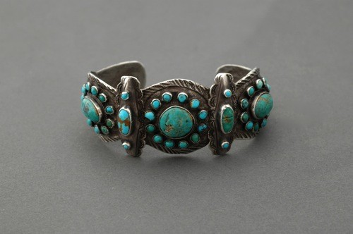 Old Turquoise and Silver Cluster Bracelet ca 1935