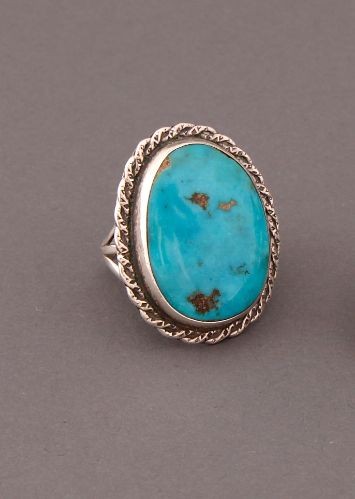 Large Oval Turquoise Ring with Silver Trimwork