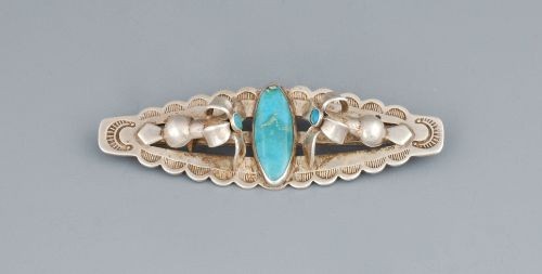 Silver and Turquoise Pin with Squash Blossoms