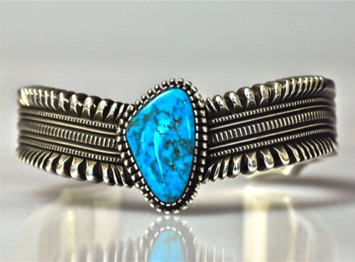 Ron Bedonie Bracelet of Blue Gem Turquoise with Swirl Design