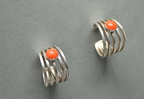 Silver Hoop Earrings Set With Coral