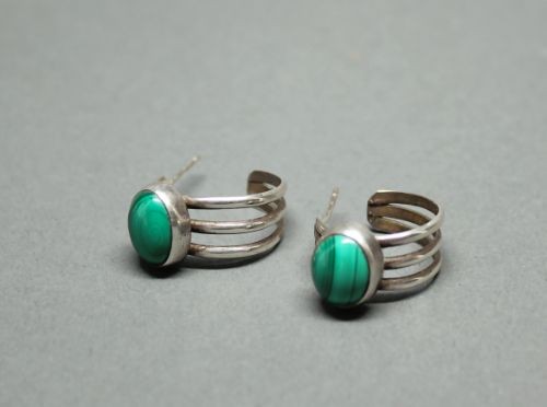 Silver Hoops Set With Malachite