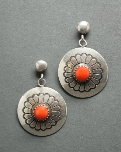 Dangle Earrings of Stamped Silver and Coral