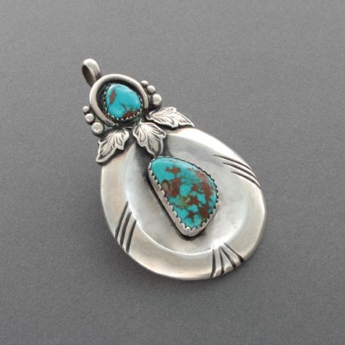 Julian Lovato Silver Pendant with Turquoise and Leaf Work