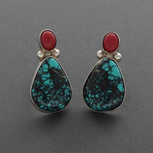 Roger Tsabetsaye Earrings of Turquoise and Coral