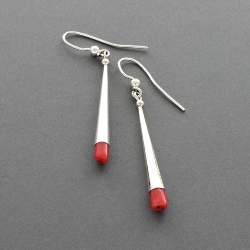 Silver Cone Earrings Set with Coral