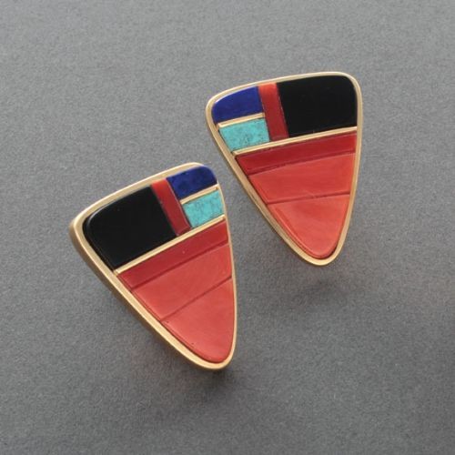 Gold and Coral Inlay Earrings by Sonwai