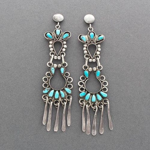 Zuni Long Turquoise Dangle Earrings in Silver