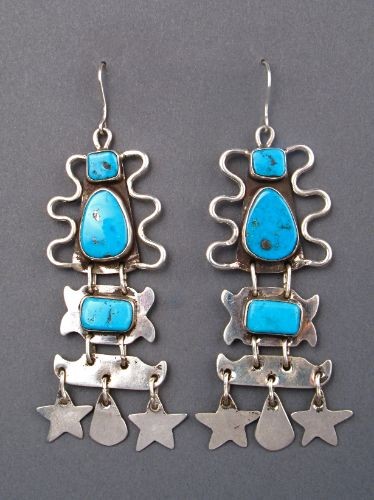 Greg Lewis Large Silver and Turquoise Dangle Earrings