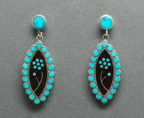 Zuni Earrings of Turquoise and Flowers